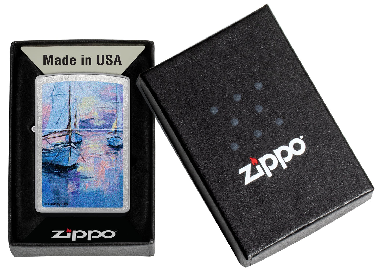 Zippo Lindsay Kivi Sailboats Design Street Chrome Windproof Lighter