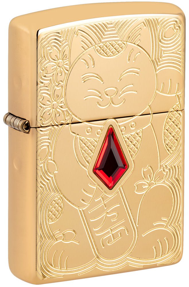 Zippo Lucky Cat Design Emblem Attached Armor® High Polish Brass Windproof Lighter