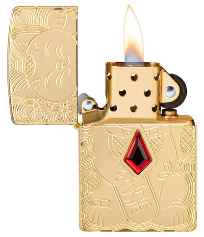 Zippo Lucky Cat Design Emblem Attached Armor® High Polish Brass Windproof Lighter
