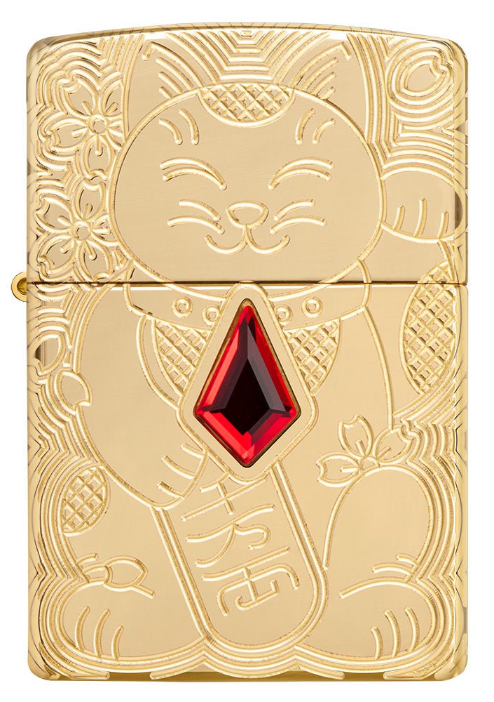 Zippo Lucky Cat Design Emblem Attached Armor® High Polish Brass Windproof Lighter