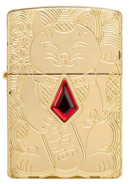 Zippo Lucky Cat Design Emblem Attached Armor® High Polish Brass Windproof Lighter