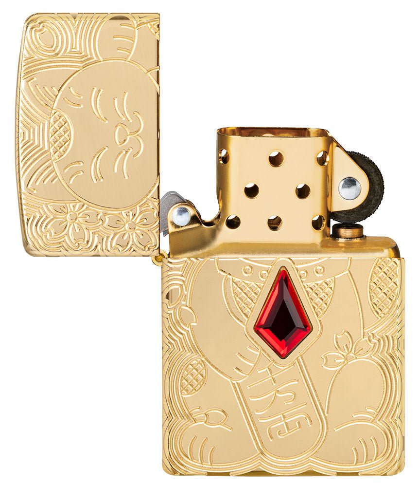 Zippo Lucky Cat Design Emblem Attached Armor® High Polish Brass Windproof Lighter
