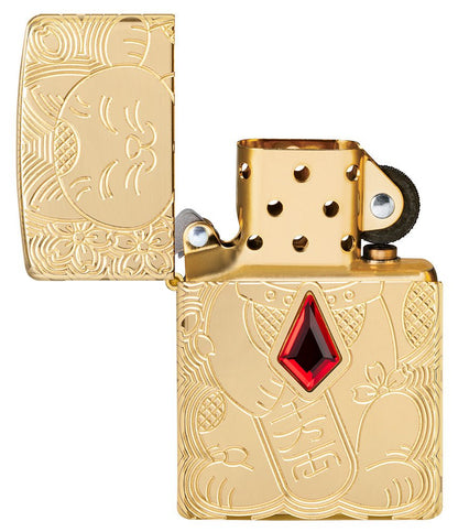 Zippo Lucky Cat Design Emblem Attached Armor® High Polish Brass Windproof Lighter