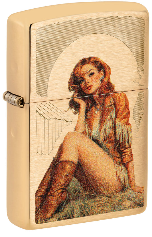 Zippo Western Pinup Design Brushed Brass Windproof Lighter