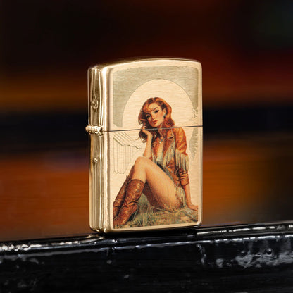 Zippo Western Pinup Design Brushed Brass Windproof Lighter