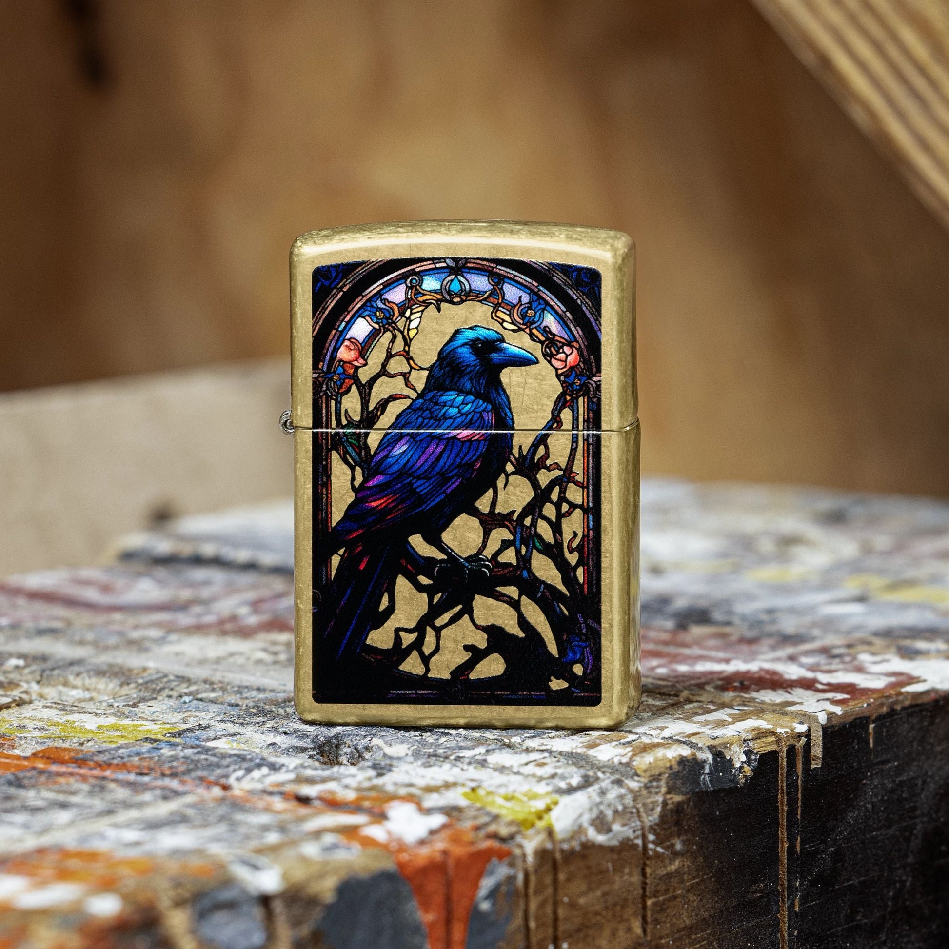 Zippo Stained Glass Raven Design Street Brass Windproof Lighter