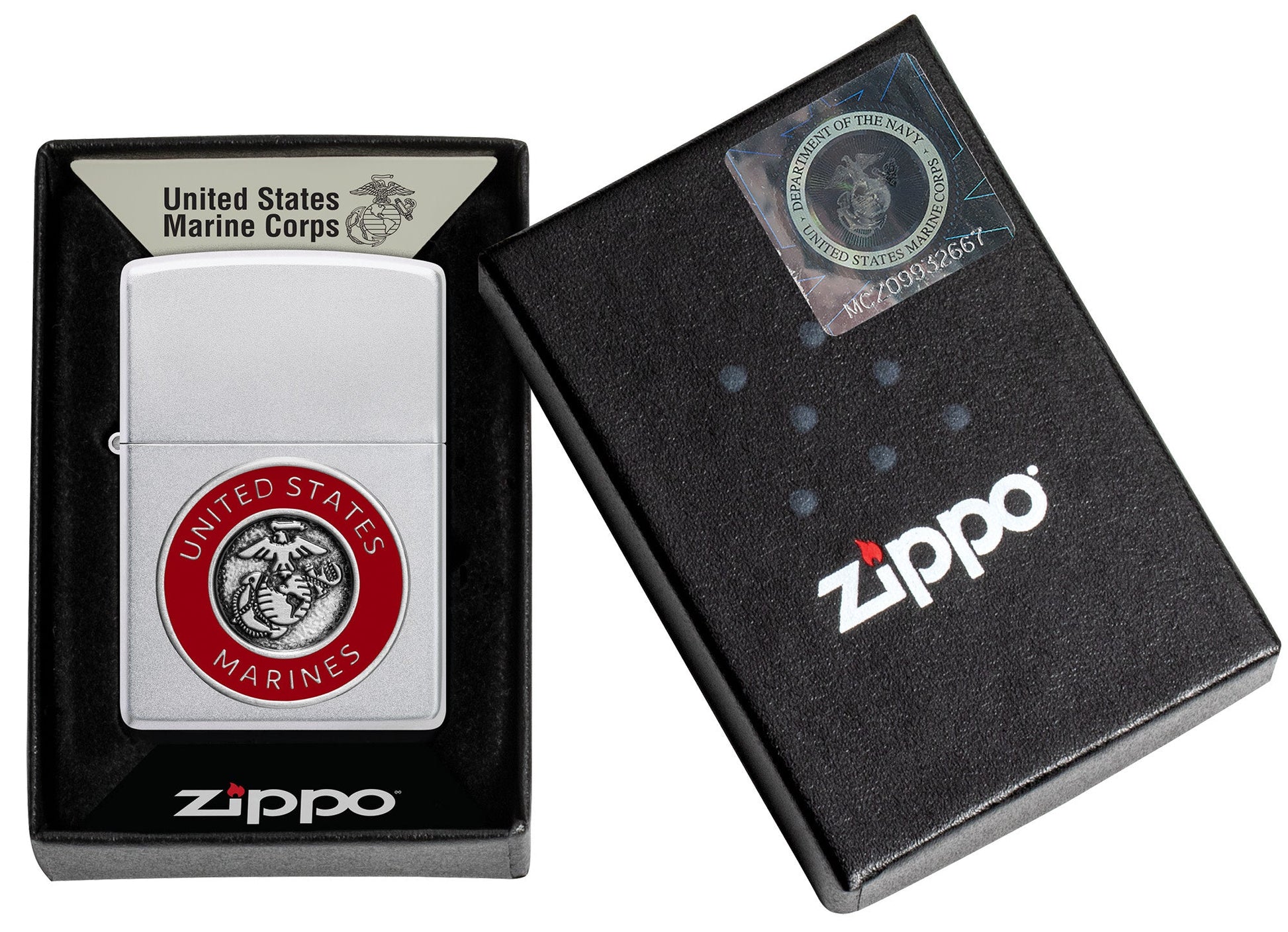 Zippo U.S. Marine Corps Crest Emblem Satin Chrome Windproof Lighter