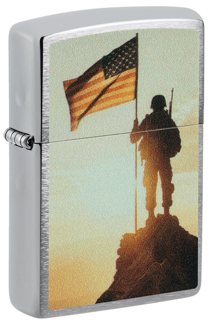 Zippo Soldier and Flag Design Brushed Chrome Windproof Lighter