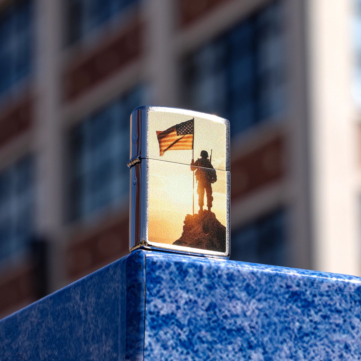 Zippo Soldier and Flag Design Brushed Chrome Windproof Lighter
