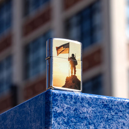 Zippo Soldier and Flag Design Brushed Chrome Windproof Lighter
