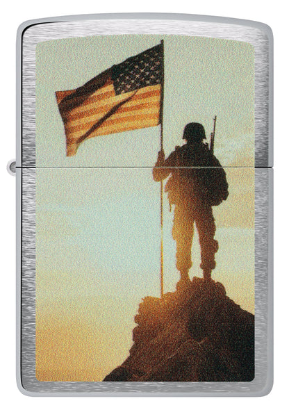 Zippo Soldier and Flag Design Brushed Chrome Windproof Lighter