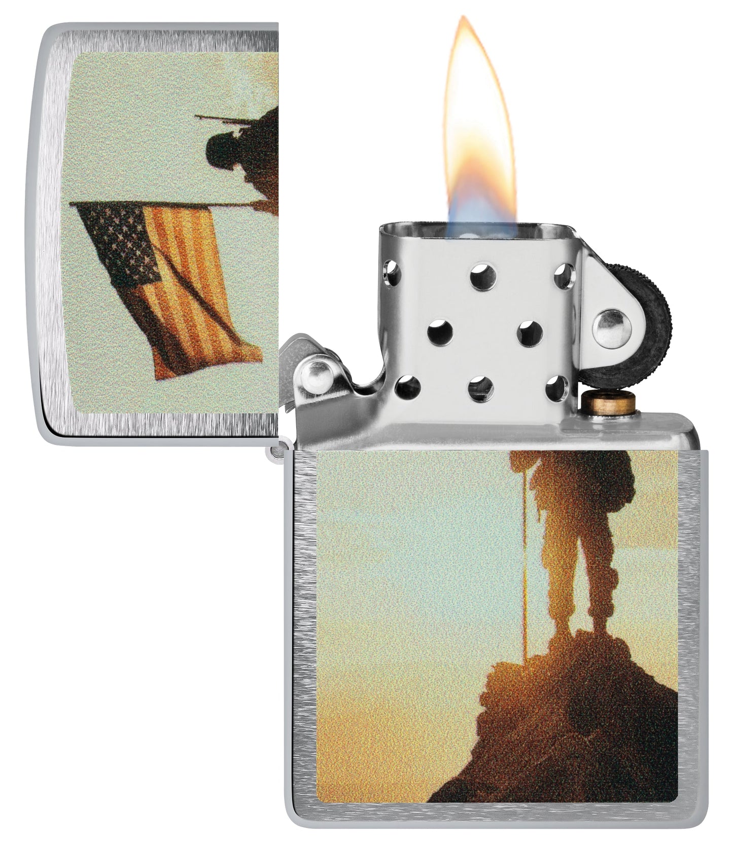 Zippo Soldier and Flag Design Brushed Chrome Windproof Lighter