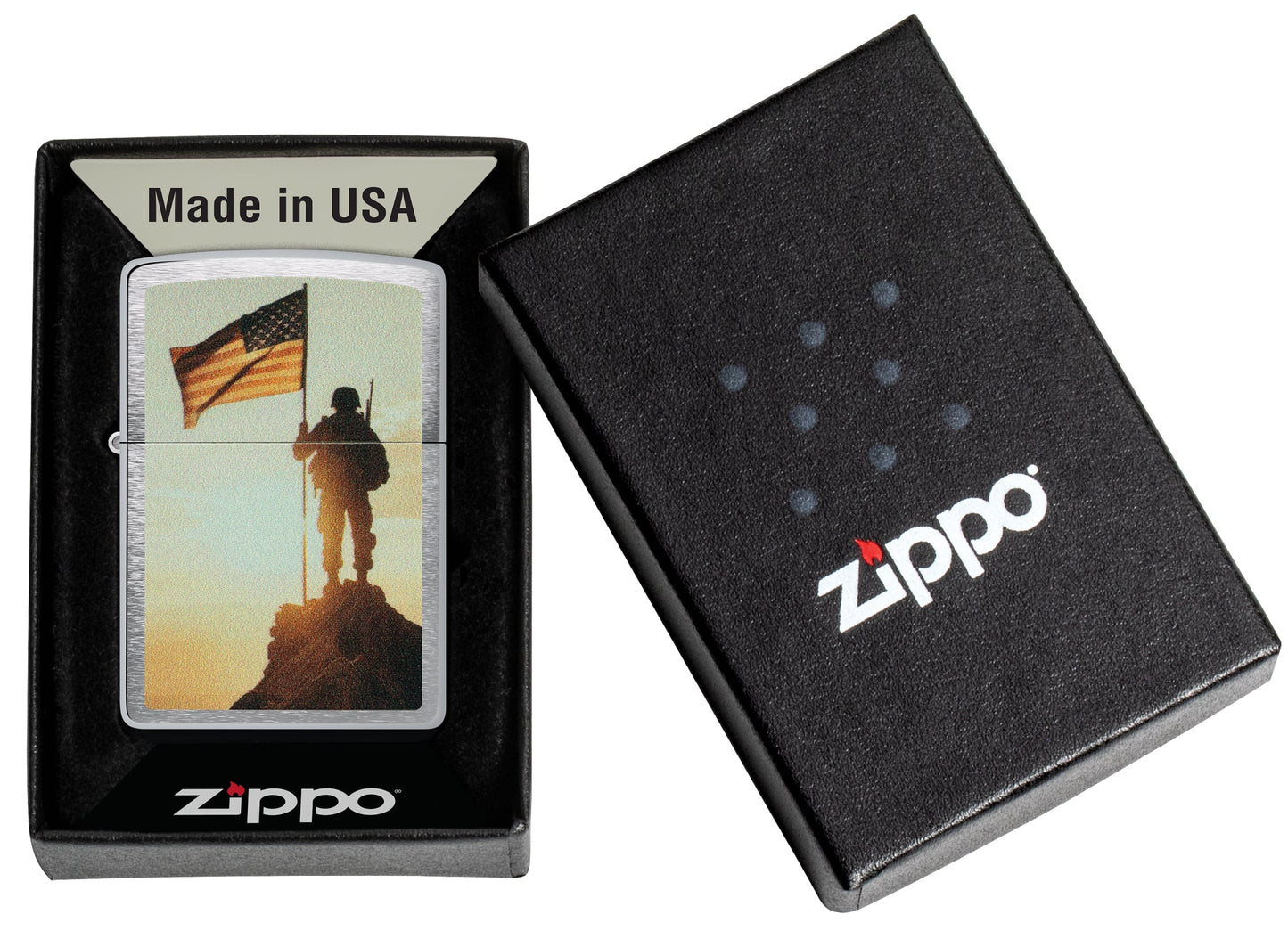 Zippo Soldier and Flag Design Brushed Chrome Windproof Lighter
