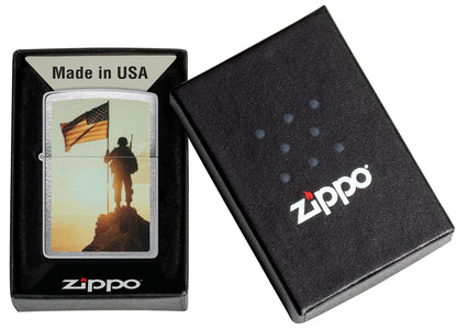 Zippo Soldier and Flag Design Brushed Chrome Windproof Lighter
