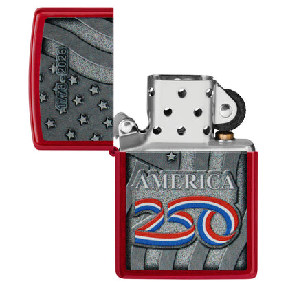 Zippo America250 Stars and Stripes Design Candy Apple Red Windproof Lighter