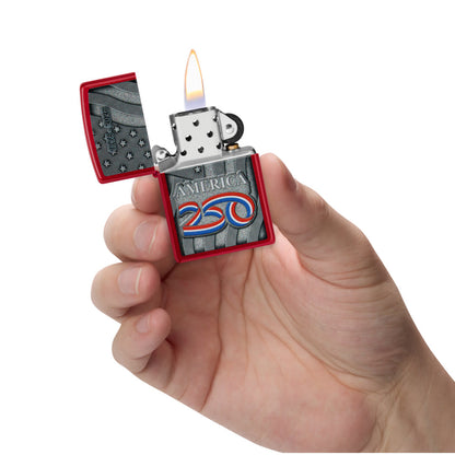 Zippo America250 Stars and Stripes Design Candy Apple Red Windproof Lighter