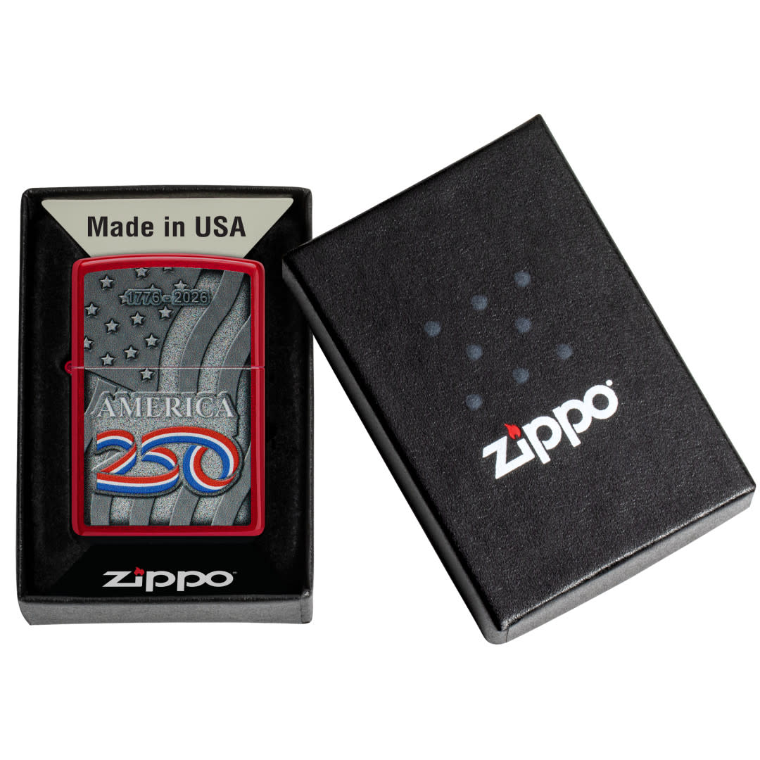 Zippo America250 Stars and Stripes Design Candy Apple Red Windproof Lighter