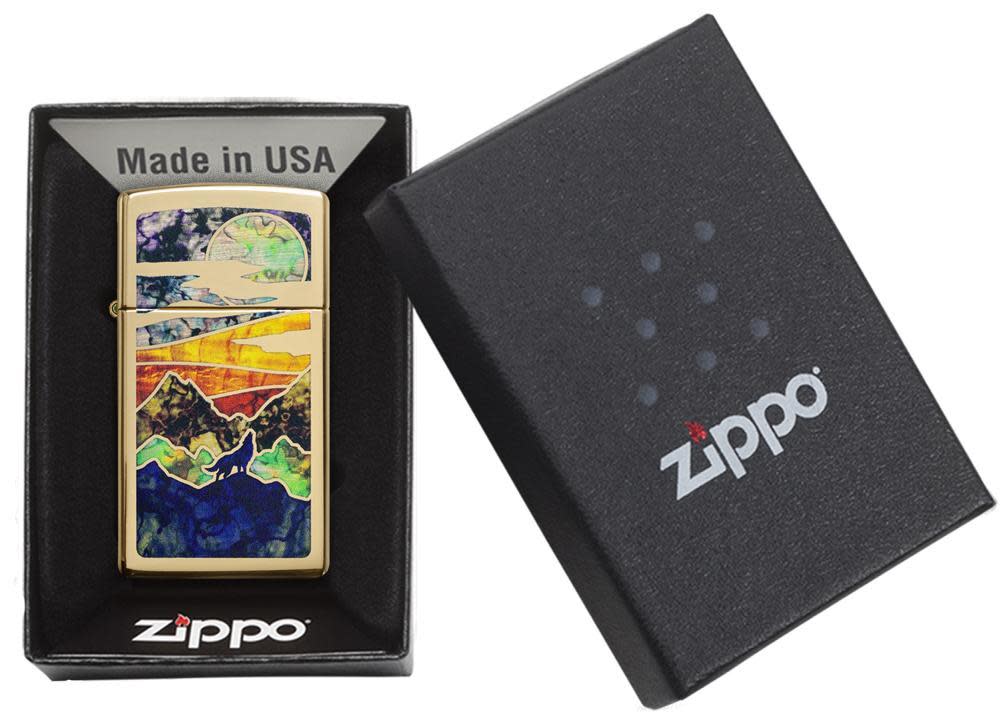 Zippo Slim® High Polish Brass Howling Wolf