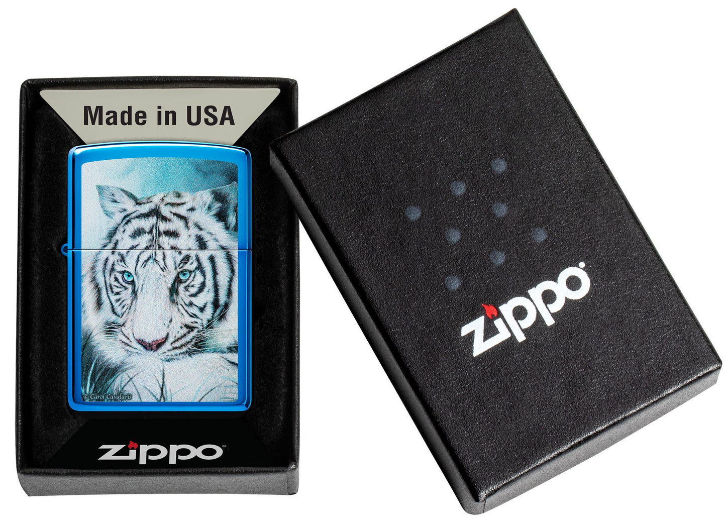 Zippo Carol Cavalaris White Tiger Design High Polish Blue Windproof Lighter