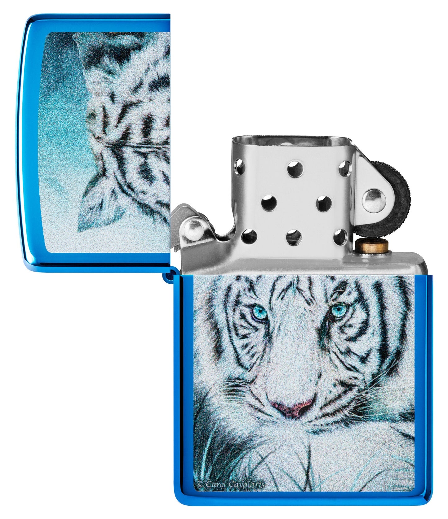 Zippo Carol Cavalaris White Tiger Design High Polish Blue Windproof Lighter