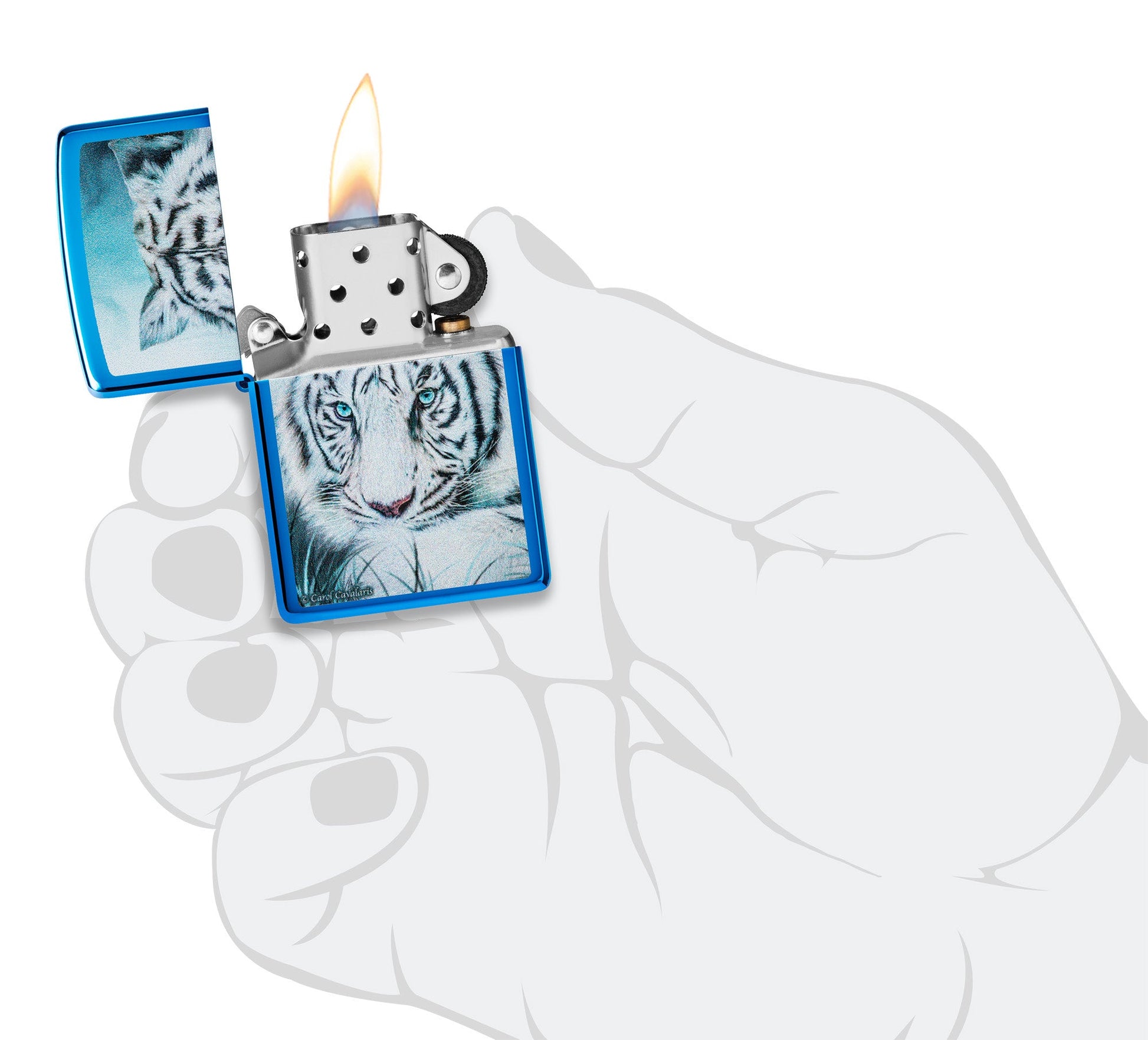 Zippo Carol Cavalaris White Tiger Design High Polish Blue Windproof Lighter