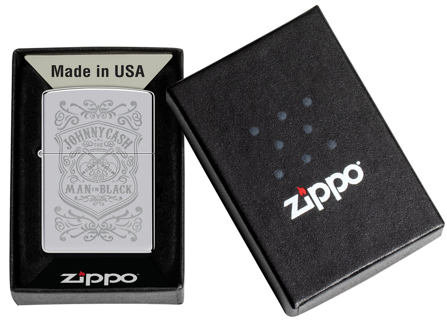 Zippo Johnny Cash Man in Black Crest Design High Polish Chrome Windproof Lighter