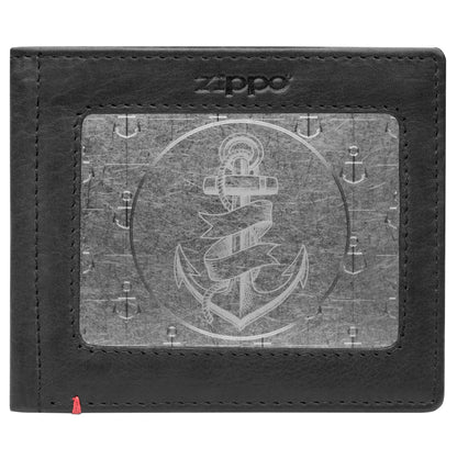 Zippo Black Leather Wallet- Anchor Metal Plate Design
