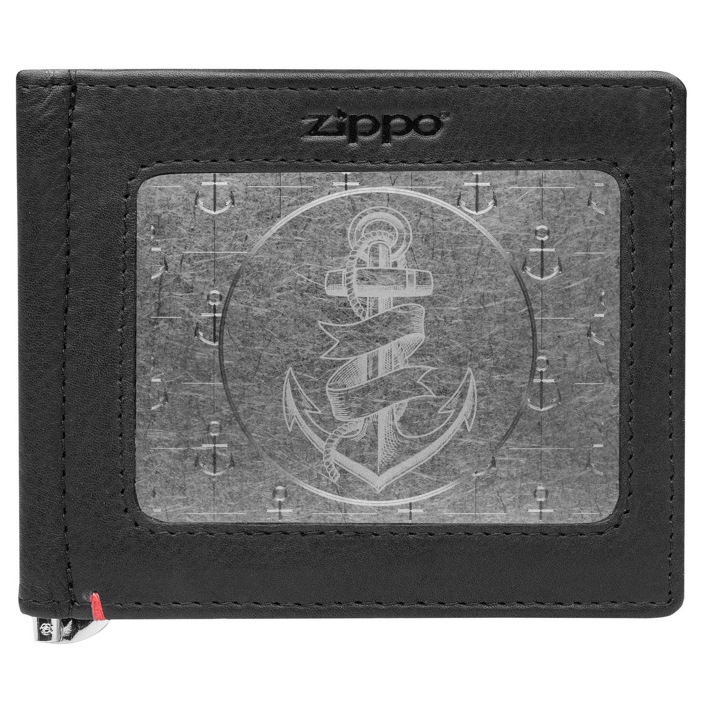 Zippo Black Leather Wallet- Anchor Metal Plate Design