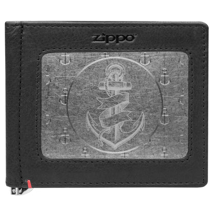 Zippo Black Leather Wallet- Anchor Metal Plate Design
