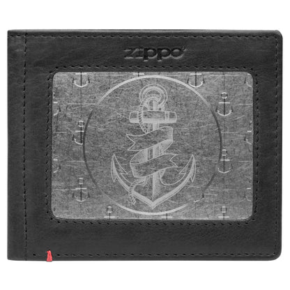 Zippo Black Leather Wallet- Anchor Metal Plate Design