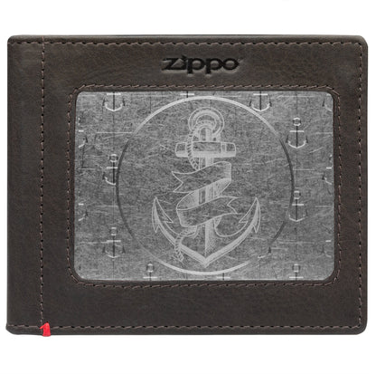 Zippo Mocha Leather Wallet- Anchor Metal Plate Design