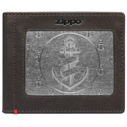 Zippo Mocha Leather Wallet- Anchor Metal Plate Design