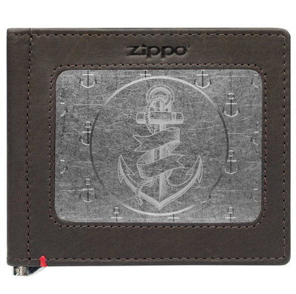 Zippo Mocha Leather Wallet- Anchor Metal Plate Design
