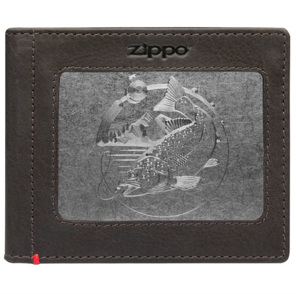 Zippo Mocha Leather Wallet- Bass Metal Plate Design