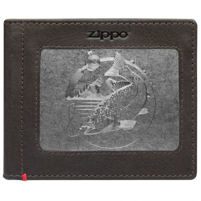 Zippo Mocha Leather Wallet- Bass Metal Plate Design