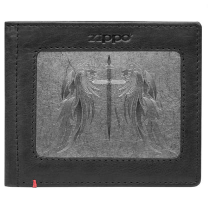 Zippo Black Leather Wallet- Cross Wings Metal Plate Design