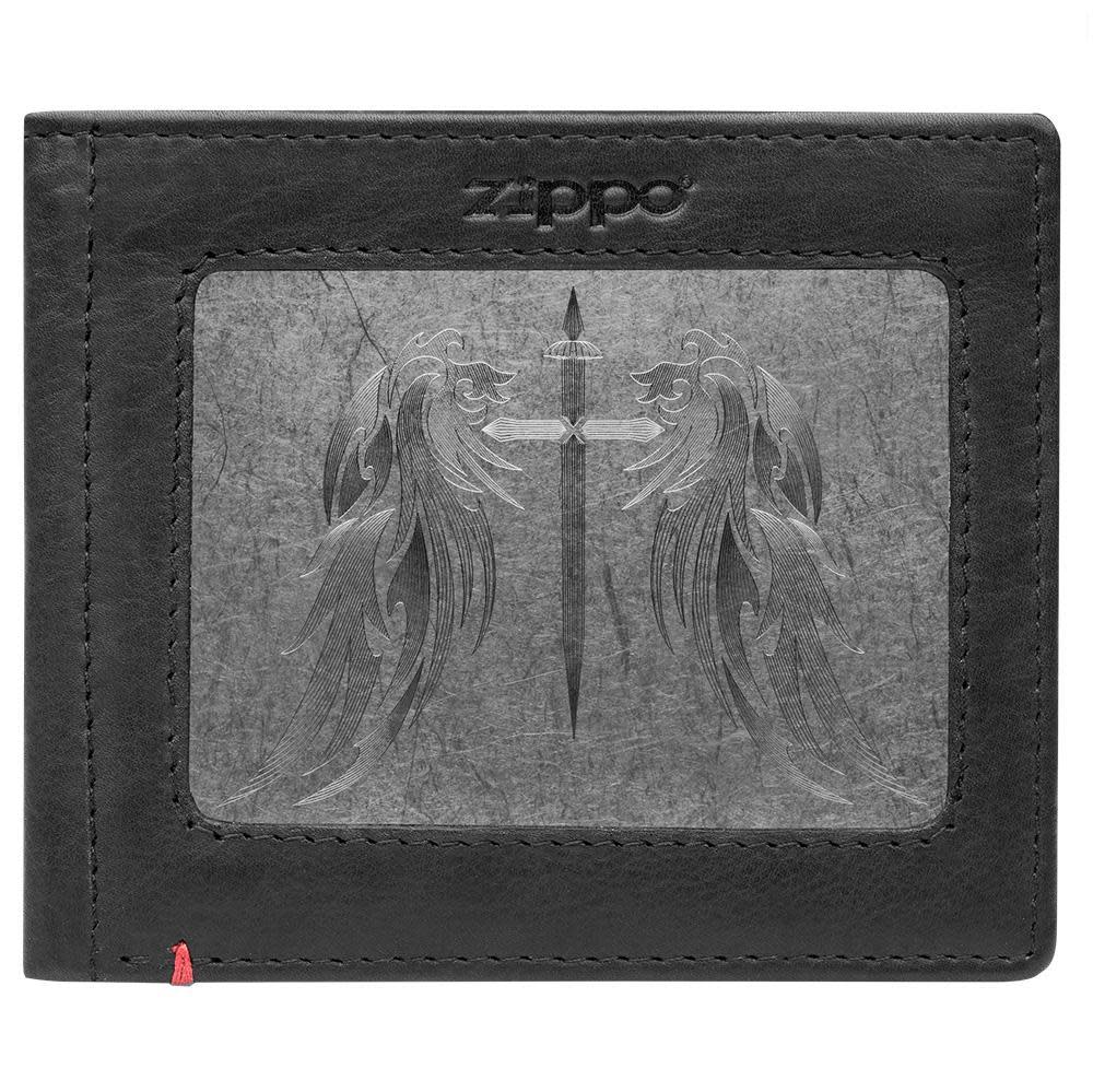 Zippo Black Leather Wallet- Cross Wings Metal Plate Design