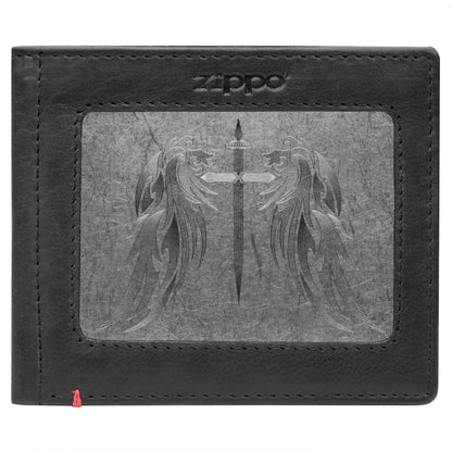 Zippo Black Leather Wallet- Cross Wings Metal Plate Design