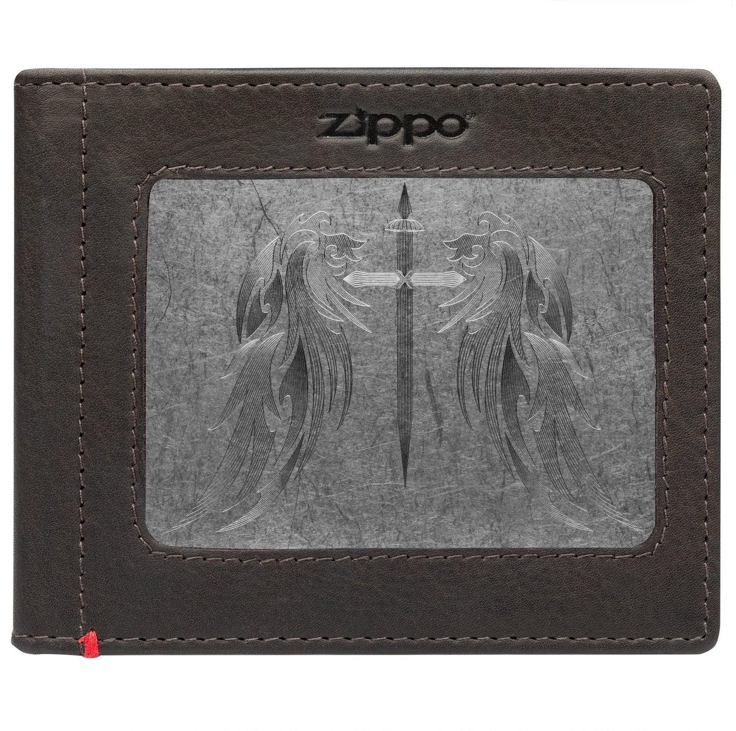Zippo Mocha Leather Wallet- Cross Wings Metal Plate Design