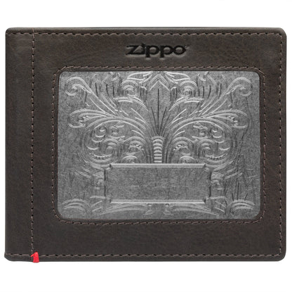 Zippo Mocha Leather Wallet- Fandango Metal Plate Design