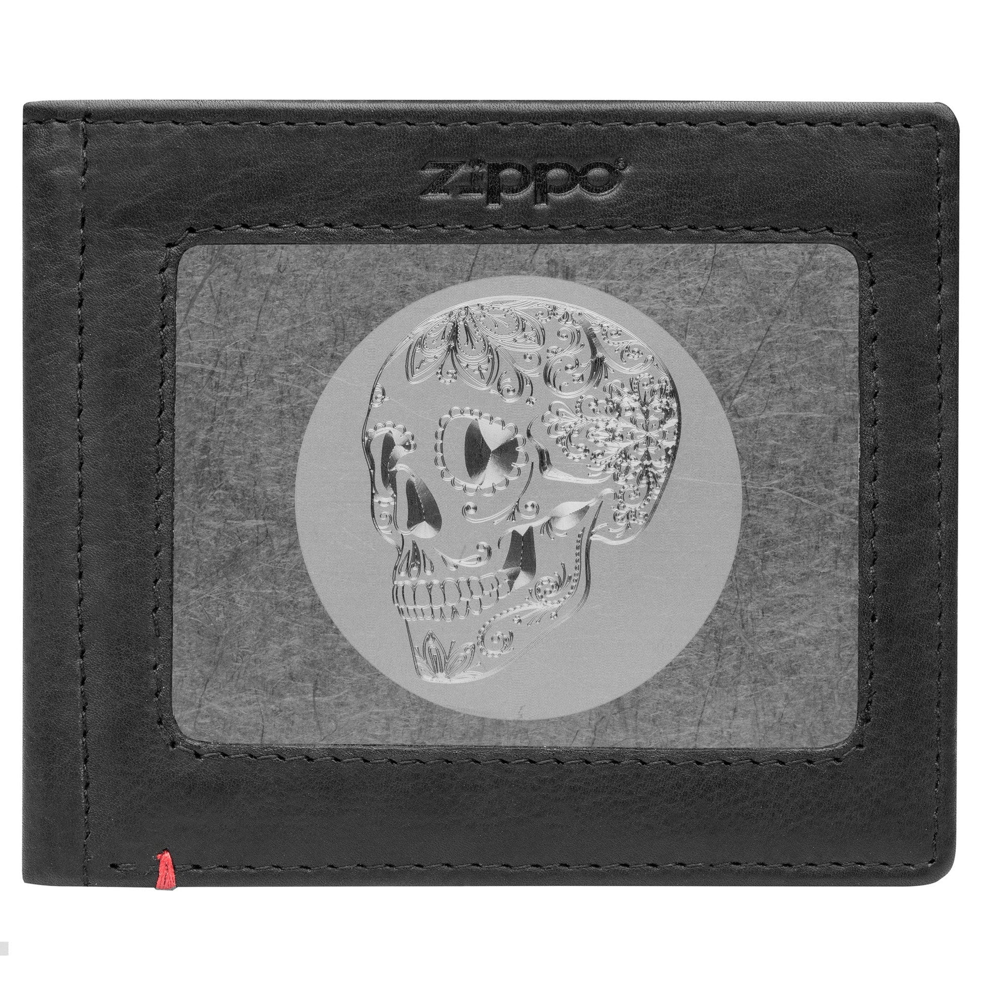 Zippo Black Leather Wallet- Skull Metal Plate Design