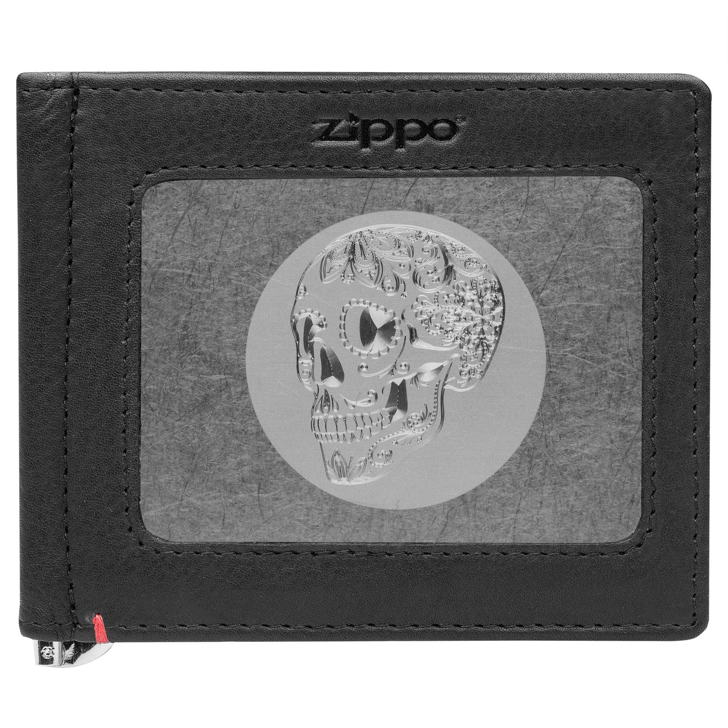 Zippo Black Leather Wallet- Skull Metal Plate Design