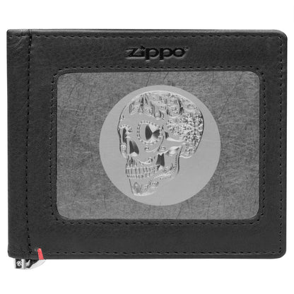 Zippo Black Leather Wallet- Skull Metal Plate Design