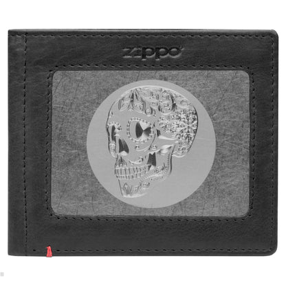 Zippo Black Leather Wallet- Skull Metal Plate Design