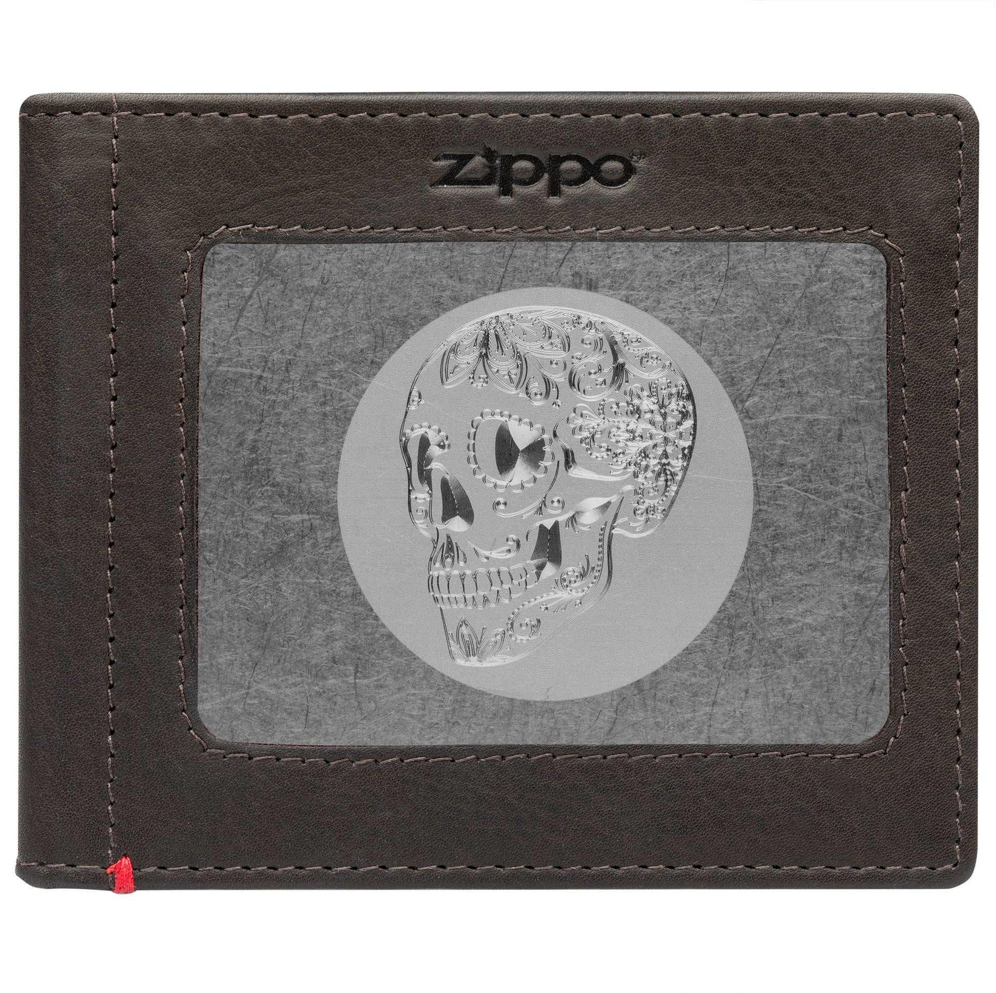 Zippo Mocha Leather Wallet- Skull Metal Plate Design