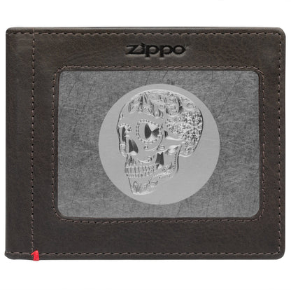 Zippo Mocha Leather Wallet- Skull Metal Plate Design