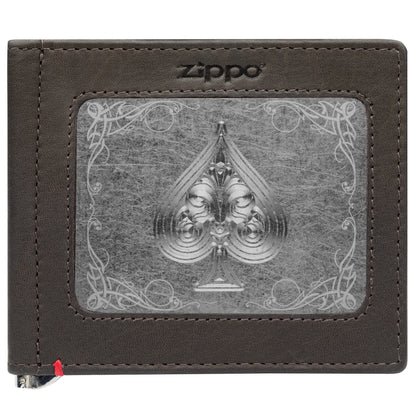Zippo Mocha Leather Wallet- Spade Metal Plate Design