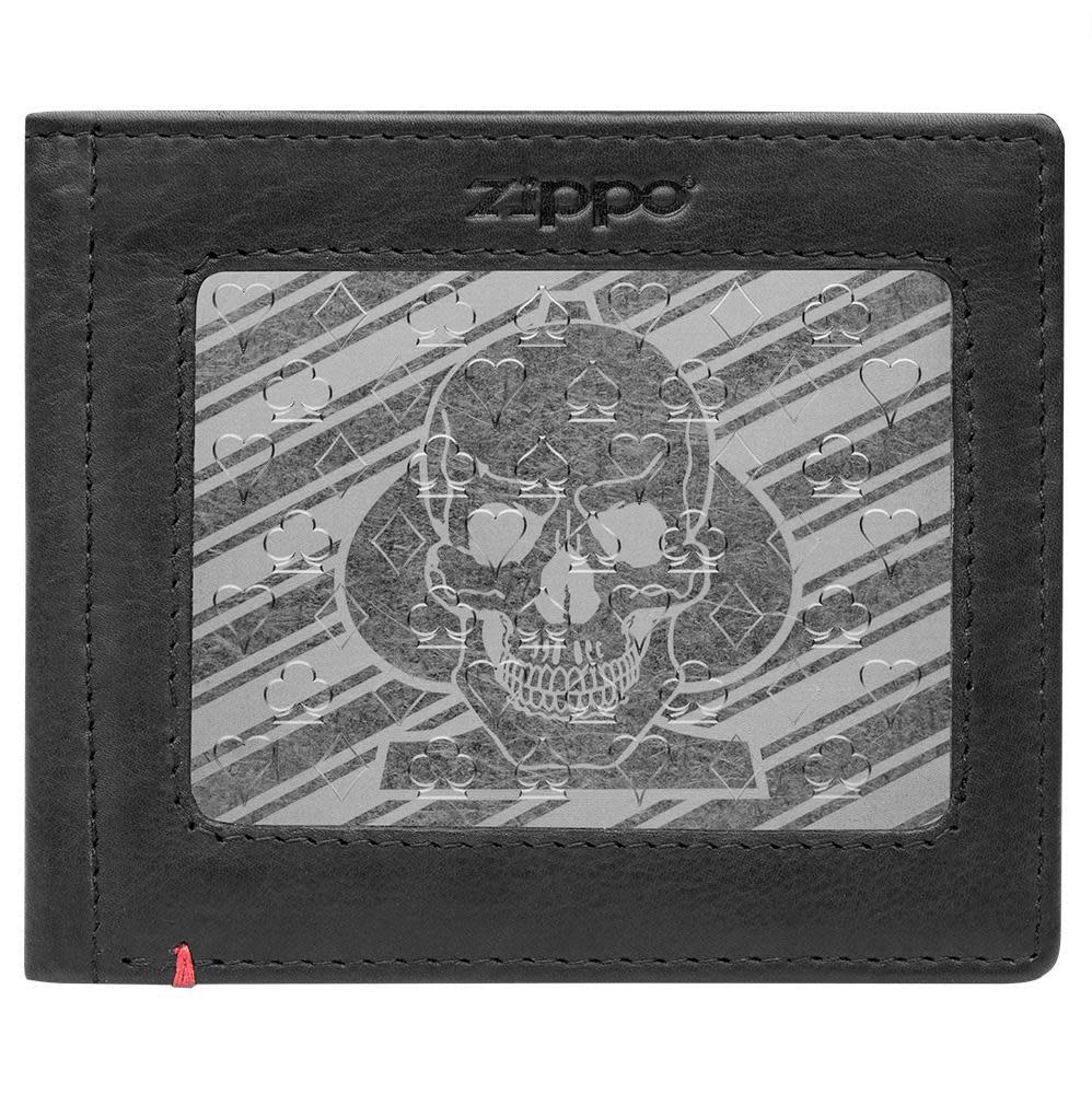 Zippo Black Leather Wallet- Spade Skull Metal Plate Design