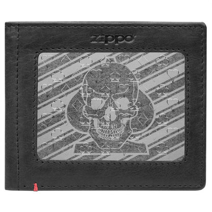 Zippo Black Leather Wallet- Spade Skull Metal Plate Design