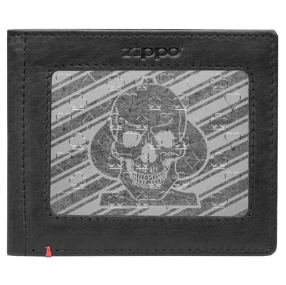Zippo Black Leather Wallet- Spade Skull Metal Plate Design